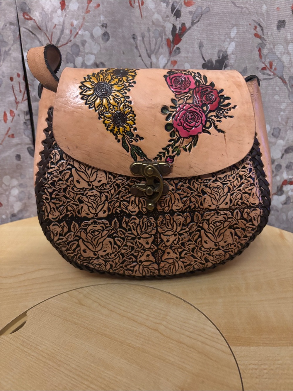 Hand-Tooled Peach Leather Crossbody Bag with Pink & Yellow Floral Accents
